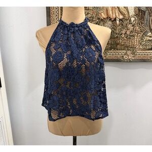 Floral Lace Halter Top Womens Small Navy Blue Sheer High Neck Boho Blouse